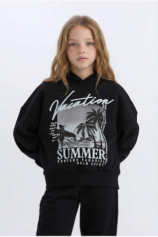 DeFacto Kız Çocuk 2'li Takım Kapüşonlu Baskılı Sweatshirt Beli Lastikli Jogger Alt D2219A824WNBK81 Siyah