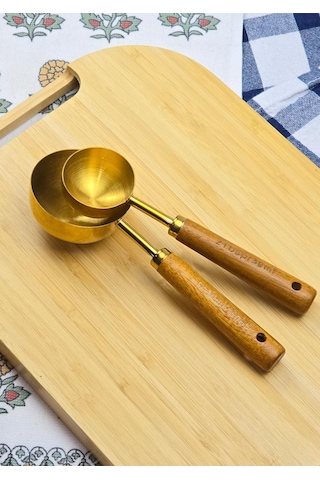 Ahşap Saplı Gold Ölçü Kaşığı Takımı - 2'li Kahve Ölçüm Kaşığı - 30 + 60 Ml Ahşap
