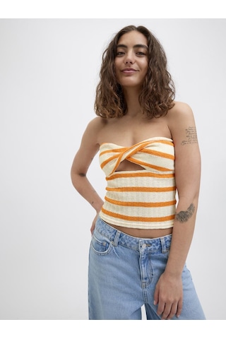 Jack & Jones Kadın Çizgili Straplez Bluz - Linnea - 12277369 Persimmon Orange