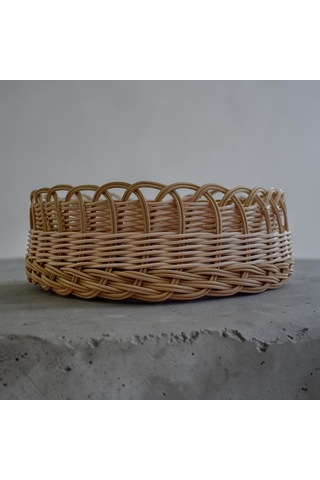 Handanrattan Mandala Desenli El Örgüsü Yuvarlak Rattan Tepsi Sepet 32x11 Cm Doğal Hasır - Kahve Tonları- Mavi