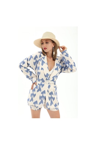 Kemerli Desenli Oversize Blazer Ceket - Mavi-mavi Mavi