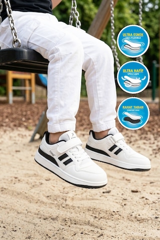 Cool Beyaz Siyah Fileli Hafif Cırtlı Unisex Çocuk Spor Ayakkabı Stella F Beyaz-siyah