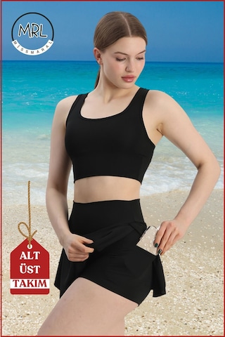 Kadın Siyah Etekli Şortlu Mayo Takım Göğüs Pedli Yüksek Bel Toparlayıcı Büyük Beden Uyumlu Tk3107 Siyah