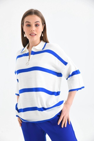 Polo Yaka Fermuarlı Çizgili Salaş Mevsimlik Trko Kazak Saks Saks Mavisi