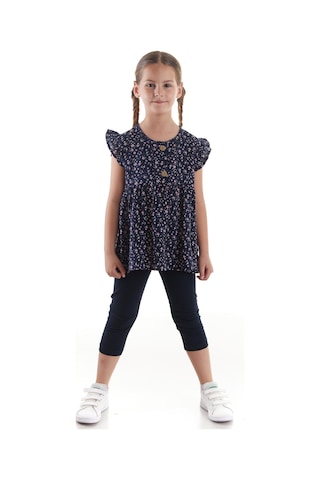 Ahengim Kız Çocuk Takım Vizkon Baskılı Taytlı Alt Üst Takım Pamuklu Ak2522 Lacivert