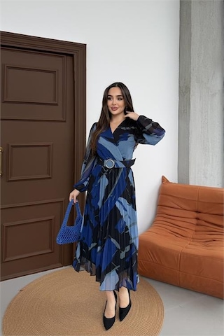 Neşeli Butik Kadın Mavi Beli Kemerli Piliseli Kruvaze Yaka Şifon Elbise Nbelb03 Mavi