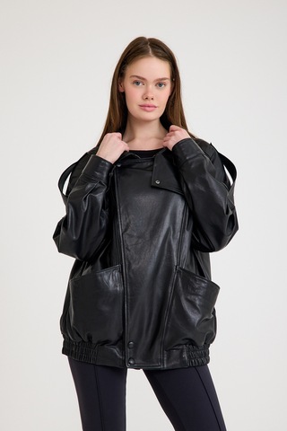 Oversize Bayan Deri Ceket Vb-20-bk-2847-24116 Siyah