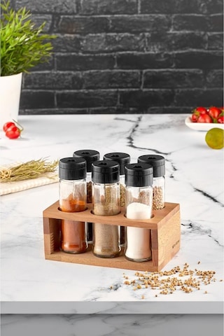 Ahşap Standlı 6'lı Cam Baharatlık Seti - Tuzluk Biberlik Baharatlık Şeffaf