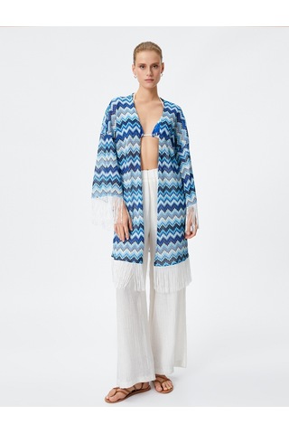 Koton Kimono Kolları Ve Eteği Püsküllü Rahat Kesim Multıcolor 3sak80001mk 3SAK80001MKMIX Mavi