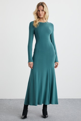 Ethıquet NUVIA Kadın Viscon Yuvarlak Yaka Slim Fit Yeşil Elbise