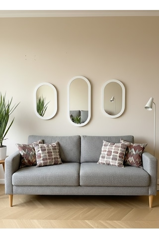 3 Lü Oval Duvar Aynası Beyaz Dekor Oval Ayna -dekoratif Ayna Seti Beyaz