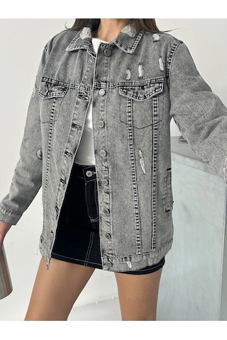 Blue Marlin Kadın Kar Siyah Lazer Yirtik Detayli Boyfriend Kot Ceket Gri