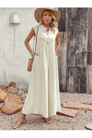 Ahes Shopping Kadın Kısa Kollu Önden Düğmeli Paçaya Doğru Geniş Cepli Uzun Bürümcük Tulum Bej