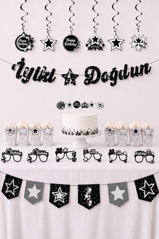Gümüş Yıldız Temalı Doğum Günü Parti Seti İyi Ki Doğdun Banner, Tavan Sarkıt, Gözlük, Pasta Süsü Ve Mısır Kutusu