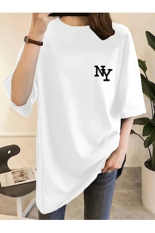 Modi Baskılı Oversize Bisiklet Yaka T-shirt - Beyaz - Mymg158989