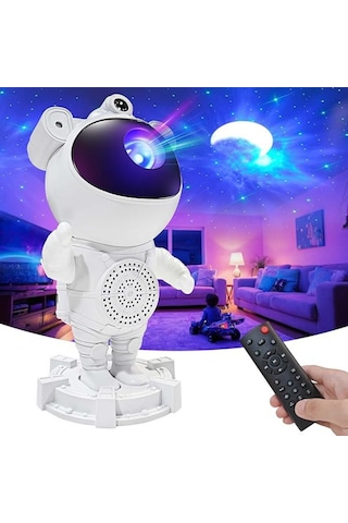 Ayıcıklı Astronot Galaksi Projektörü Ve Bluetooth Hoparlörlü Yıldız Gece Lambası Beyaz
