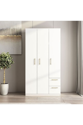 Merlin 3 Kapaklı, Çekmeceli, Raflı Gardırop, Yatak Odası Dolap, Elbise Dolabı İstanbul Ceviz - 172 Cm / Beyaz