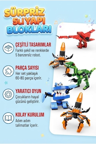 Sürpriz Yumurta 5'li Set Dinozor Ve Araç Figürlü Yapı Blokları Eğitici Öğretici Parçalı Oyuncak