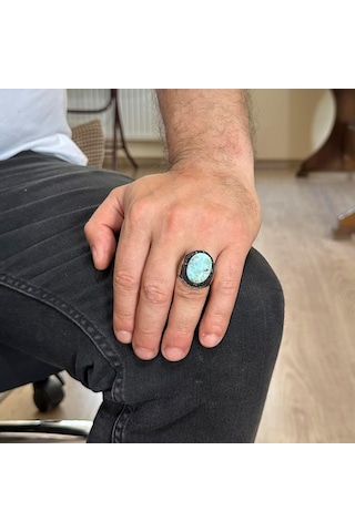 Larimar Taşlı Yüzük - Huzurlu 925 Ayar Solid Gümüş Erkek Yüzüğü - Okyanus Sakinliği Tasarımı Gümüş