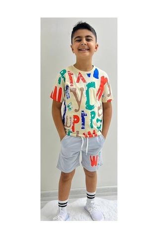 Mnk Baby & Kids Erkek Çocuk Baskılı Şortlu Yazlık Takım M00710 Ekru