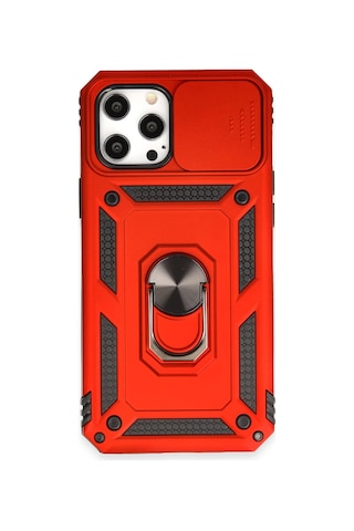 iPhone Uyumlu 12 Pro Max Kılıf Pars Lens Yüzüklü Silikon - Kırmızı Çokrenkli