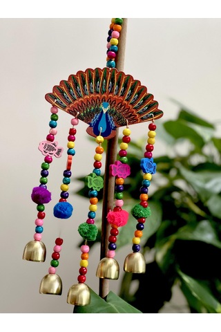 Tavuskuşu Detaylı Renkli Ve Zilli Duvar Dekoru/rüzgar Çanı/feng Shui Bereket Zili