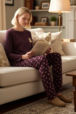 Benerly Kadın Uzun Kollu Kayık Yaka Regular Kalıp Waffle Örme Pijama Takı Kahverengi