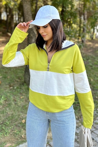 WeShaya Kadın Yağ Yeşili Uzun Kol, Dik Yaka, Fermuarlı, Double Color Block Basic Sweatshirt Bluz Yağ Yeşili