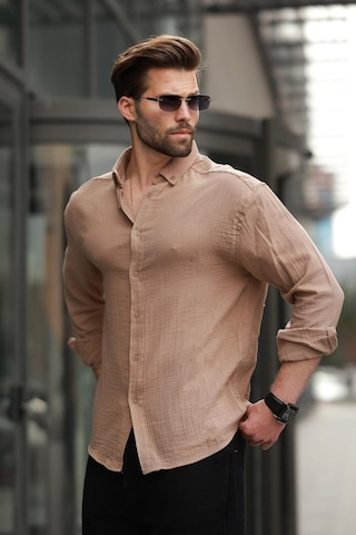 Madmext Camel Basic %100 Pamuklu Uzun Kollu Erkek Gömlek E6761 Camel
