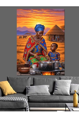 Ahşap Tablo Afrikalı Kadın Yemek Yapıyor