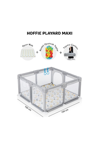 Playard Maxi Güvenli Bebek Ve Çocuk Oyun Alanı Oyun Parkı 150x150cm Oyun Matı Ve Topları Açık Gri