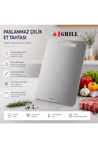 Igrıll Et Kesme Tahtası 304 Paslanmaz Çelik 32x24cm - Hijyenik Çift Taraflı Mutfak Tezgah Üstü Kesim Gri
