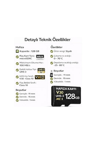 128gb V30 Hafıza Kartı Araç Ve Güvenlik Kamerası Video Kayıt Class 10 100mb/s Micro Sd Kart
