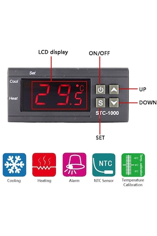Stc-1000 Dijital Sıcaklık Kontrol Cihazı Termostat Termoregülatör İnkübatör Siyah Stc1000 12v