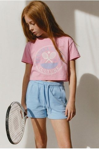 Magu Kız Çocuk Pamuklu Pembe Baskılı Crop T-shirt Mavi Şort Takım Çok Renkli
