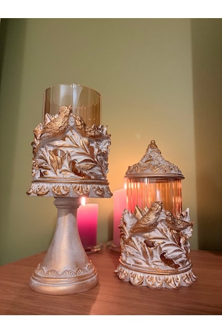 Kuşlu Ayaklı Ve Kapaklı Dekoratif Cam Mumluk & Şekerlik Seti Beyaz Altın Varak Eskitme 2'li Şamdan & Kavanoz 27x12 Cm & 23x12 Cm Çok Renkli 86905866