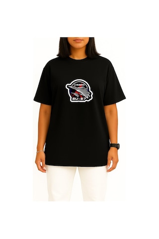 Bahriyeli Collection Oversize Sukhoi Su-57 Savaş Uçağı Göğüs Baskılı Unisex T-shirt Siyah