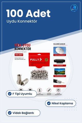 Vida Tipi Uydu Konnektör 100'lü F Koaksiyel Kablo Vidalı Seti Bağ