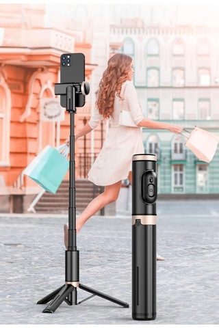Delux Serisi Aksesuar Kamera Tripod Çok Amaçlı Kumandalı Selfie Çubuğu Q12 Siyah