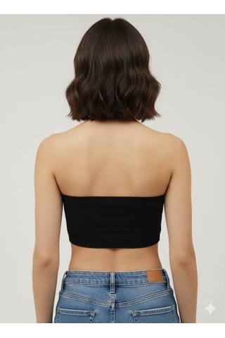 Afri Kadın Siyah Taş Detaylı Straplez Crop Top Esnek Kumaş, Işıltılı Bant Büstiyer Siyah