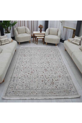 Krem Eskitme Otantik Desenli Saçaklı Polip Tabanlı Modern Halı 200 x 290 CM