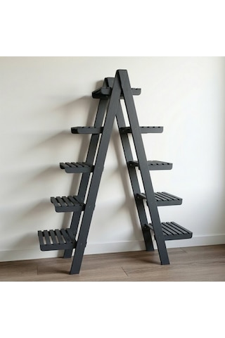 Wooddecor 5 Katlı Ahşap Merdiven Çiçeklik - 120x100 Cm Geniş Raf Standı Gri
