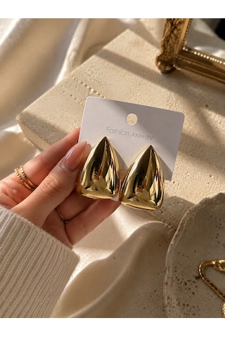 Gold Üçgen Form Küpe Modern Parlak Tasarım Gold Renk Altın