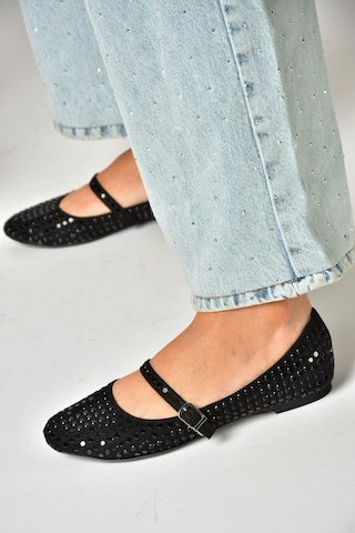 Fox Shoes U726634504 Siyah Kumaş Taş Detaylı Babet Siyah-kumaş Siyah