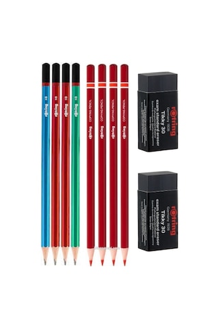 Rotring Kurşun Ve Kırmızı Kalem Seti , Silgili Set 4+4 +2 Silgi Hb Mercanlı Çok Renkli