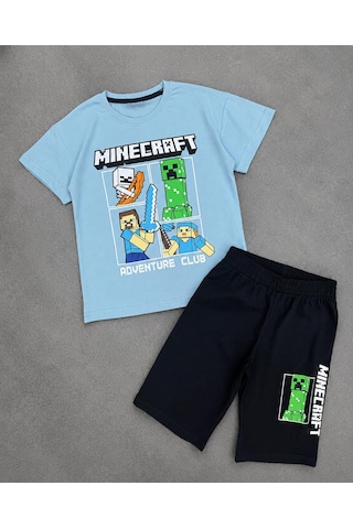 Durukoza Erkek Çocuk Minecraft Baskılı Şortlu Takım Yazlık 4-8 Yaş Mavi - Siyah