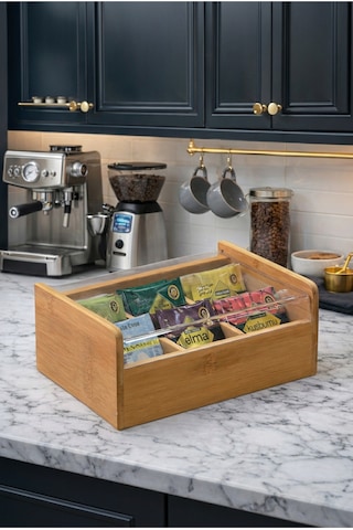Makri Home Bambu Çay Kutusu Şeffaf Kapaklı Poşet Çay Saklama Organizatörü Bölmeli Tea Box Bambu