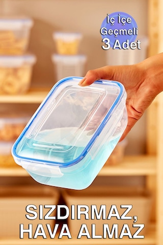 Lock&fresh Contalı Dikdörtgen Saklama Kabı 565, 975, 1675ml Üçlü Set Mavi