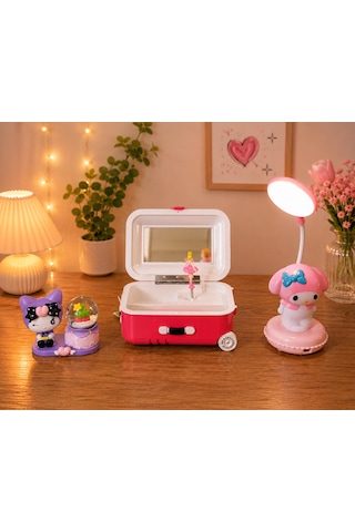 Valiz Tasarımlı Balerinli Takı Kutusu Ve Kuromi My Melody Masa Lamba Seti 001