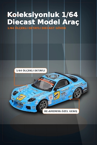 Detaylı 1/64 Ölçek Mazda Rx-7 Re-amemiya D1gp Model Araba - Koleksiyonluk Diecast Oyuncak Bx-313378